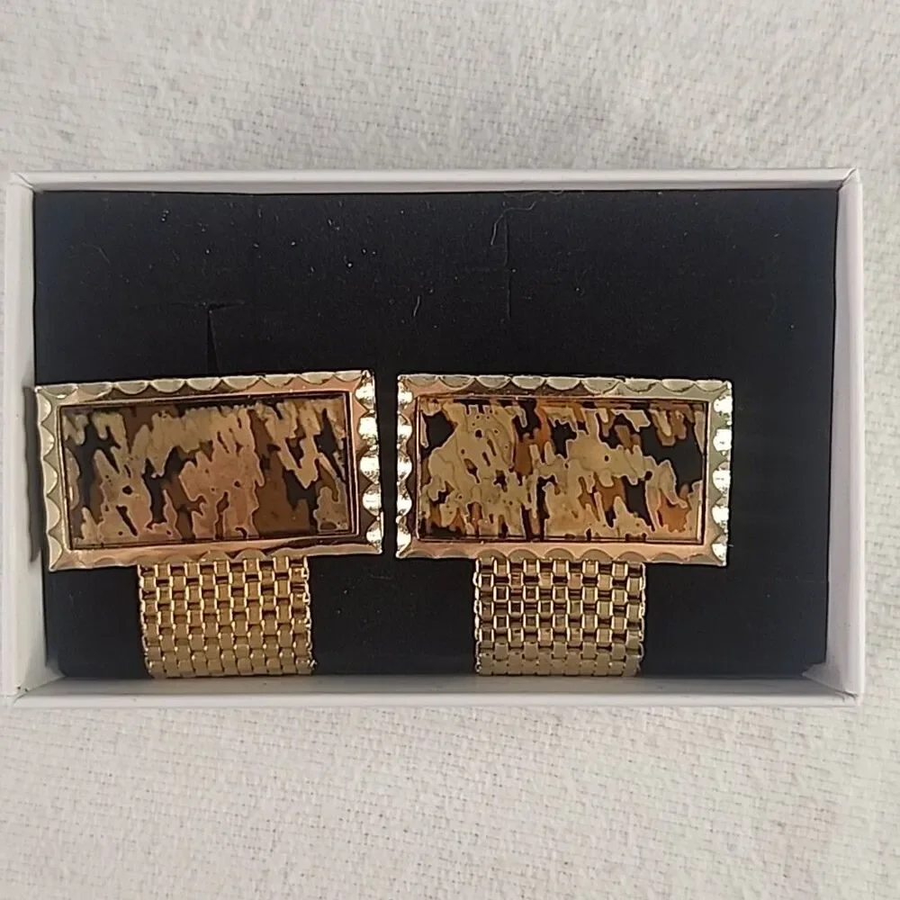 Cufflinks Dante Gold Tone Mesh Strap Flaming Mirror Mens Jewelry RARE Vintage